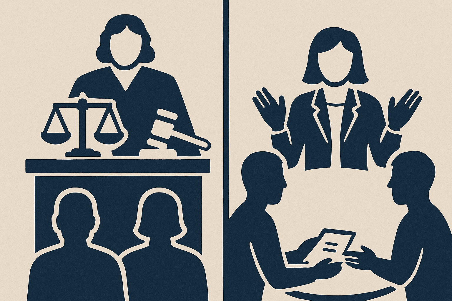 # Alt Text for Arbitration vs Mediation Blog Cover

Navy and stone colored abstract shapes representing two distinct paths or scales, symbolizing legal dispute resolution methods.