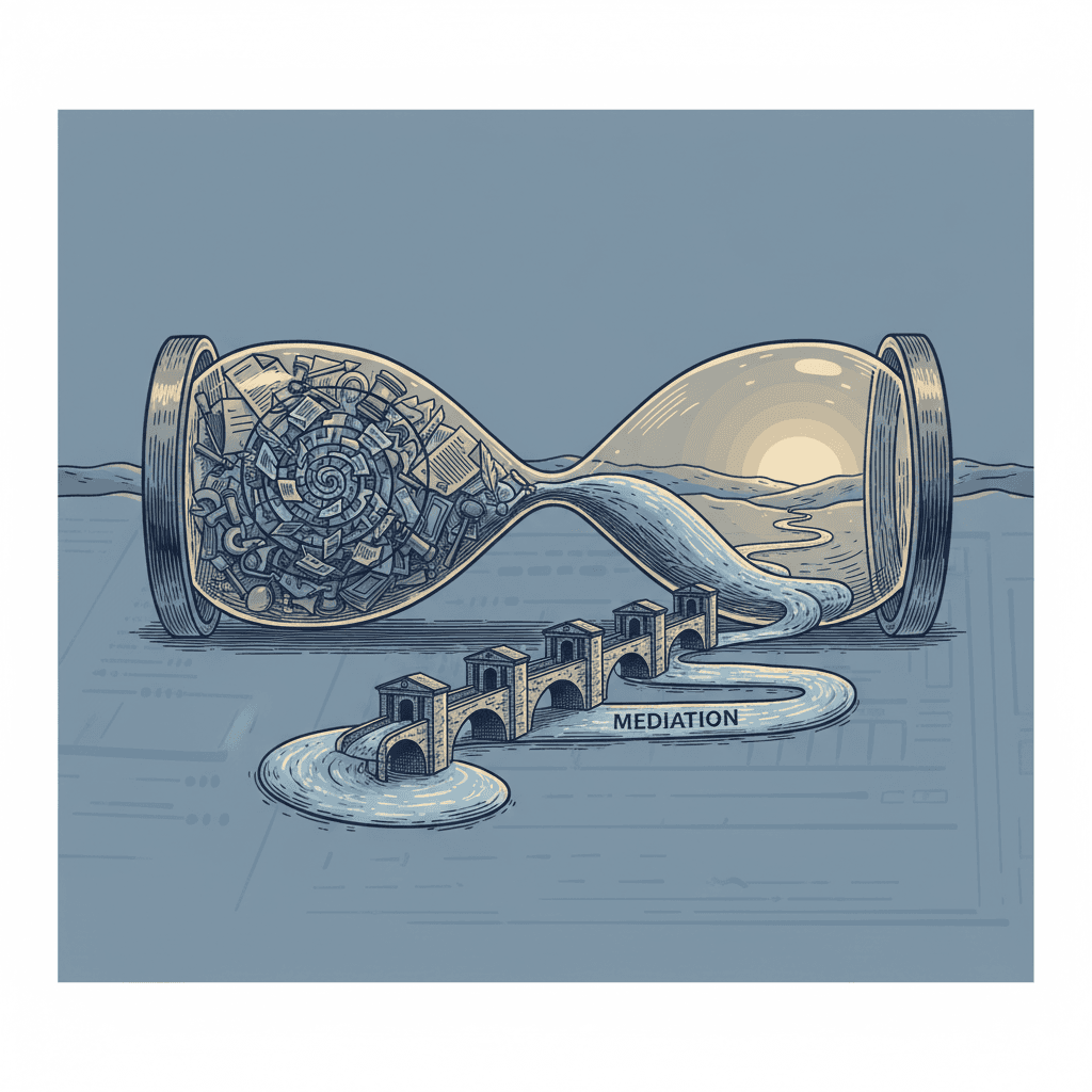 # Alt text:

Stacked law books with a pocket watch on a wooden desk, navy and stone tones throughout the composition.
