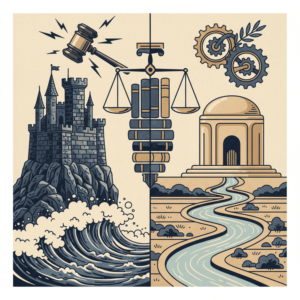 # Alt Text for Litigation vs Arbitration Blog Cover

A split-screen design contrasting a formal courtroom setting with a private conference room, using navy and stone tones throughout.