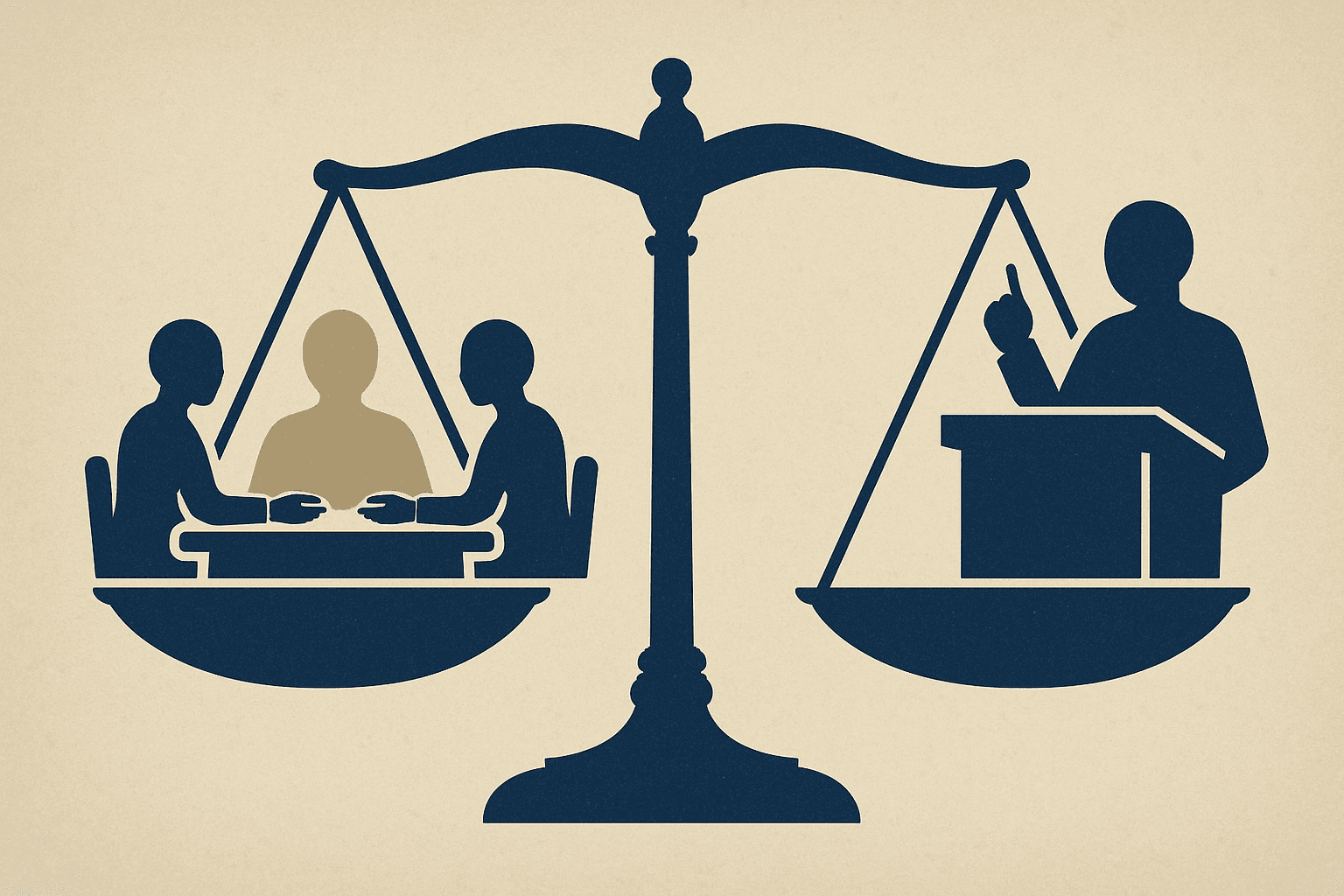 # Alt Text Options

**Option 1:**
Stacked law books and a gavel on a dark navy desk with stone-colored background, representing dispute resolution processes.

**Option 2:**
Open law book beside a wooden gavel on navy background with stone textures, symbolizing legal decision-making methods.

**Option 3:**
Wooden gavel resting on legal documents against navy and beige tones, illustrating formal dispute resolution concepts.