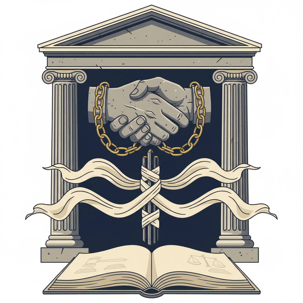# Alt Text for Non-Binding Arbitration Blog Cover

Leather-bound law books and legal documents arranged on a dark navy desk with stone-colored paper and pen.