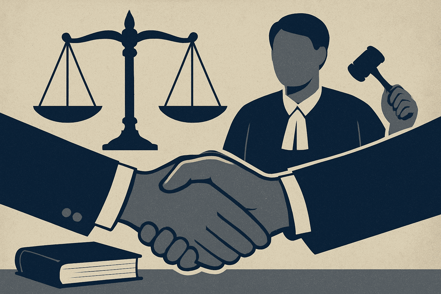 A leather-bound law book lies open on a wooden desk beside a gavel and judicial scales.