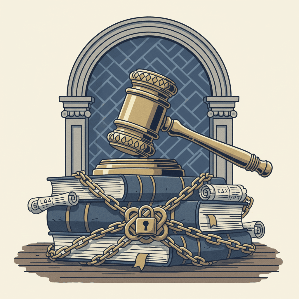 A formal desk with an open law book, gavel, and documents arranged on navy and stone textured surfaces.