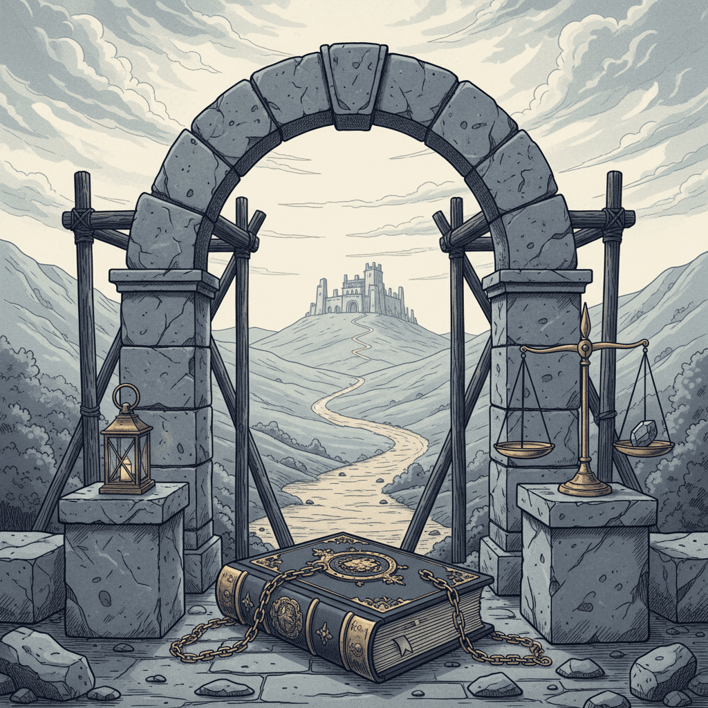 # Alt Text:
Stacked law books and document pages arranged on a navy background with stone-colored accents, suggesting legal documentation and research materials.