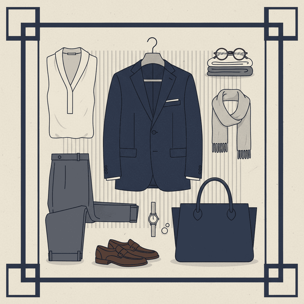 Navy blazer and stone-colored notepad arranged on a neutral desk surface with subtle professional styling.